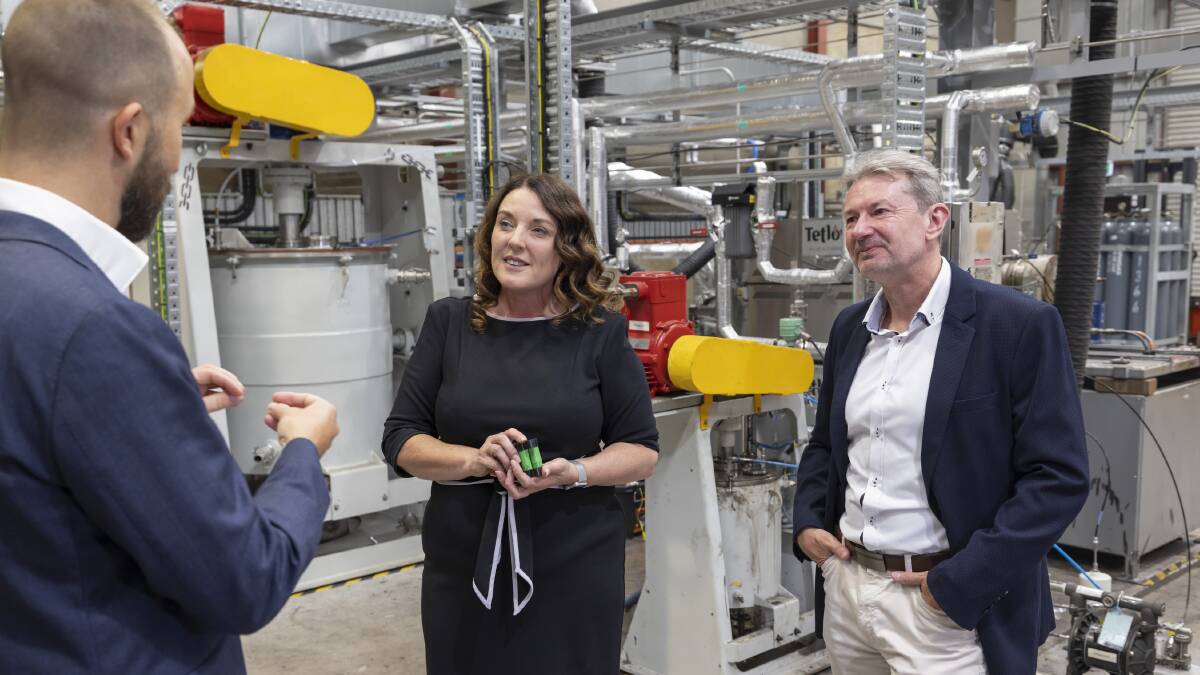 Alison Byrnes and UOW energy expert Ty Christopher at Wollongogn battery manufacturer Sicona. Picture supplied