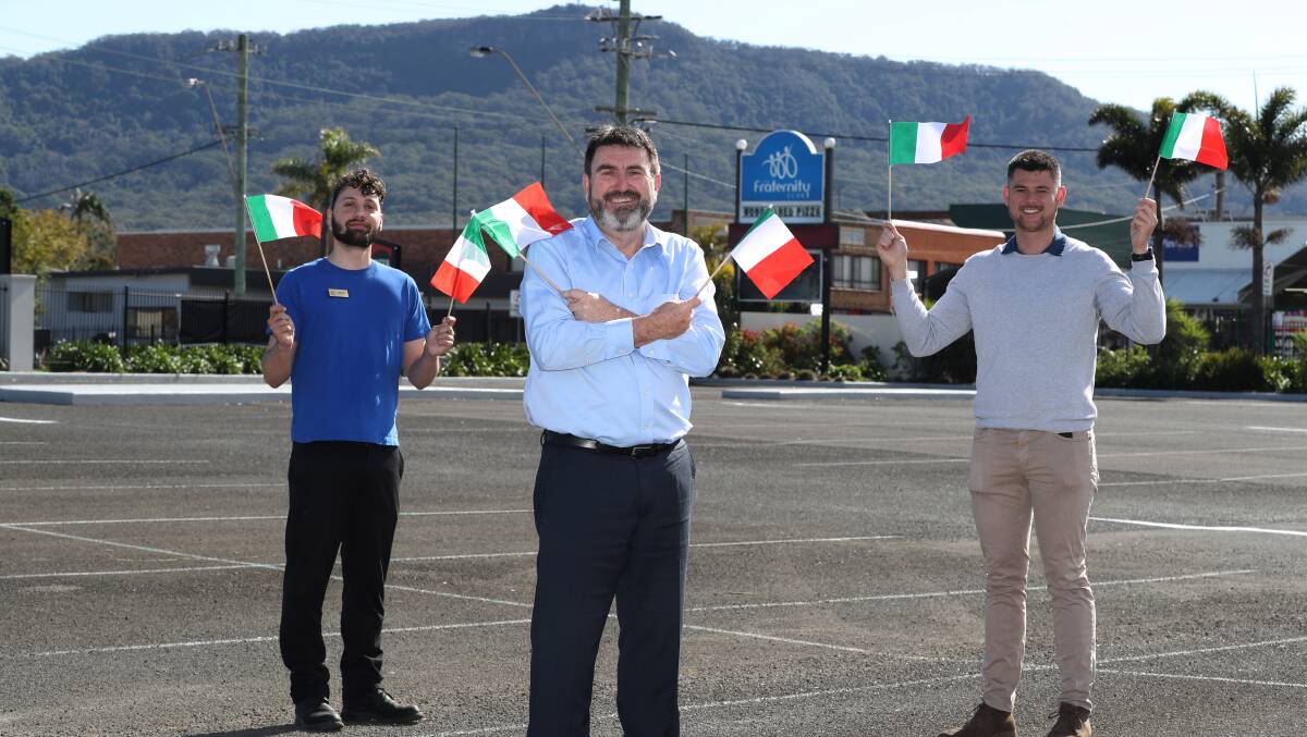 Wollongong 2022: From left, Sergio Pietrobono, Greg Field and Kane Baker at the future Italian corner. Picture: Robert Peet