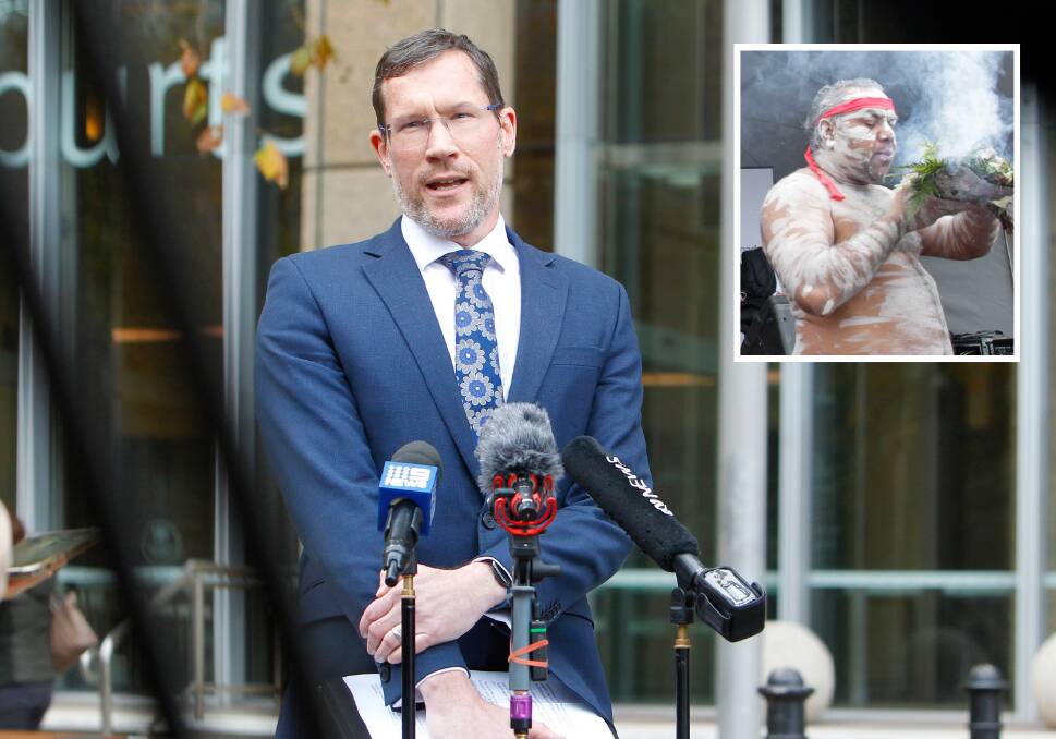 Shine Lawyers joint head of class actions Craig Allsopp speaking to a throng of media outside Sydney's Federal Court on Thursday. Picture by Sylvia Liber. Inset of Joe Brown-McLeod who has lived in Wreck Bay his entire life. Picture by Adam McLean.