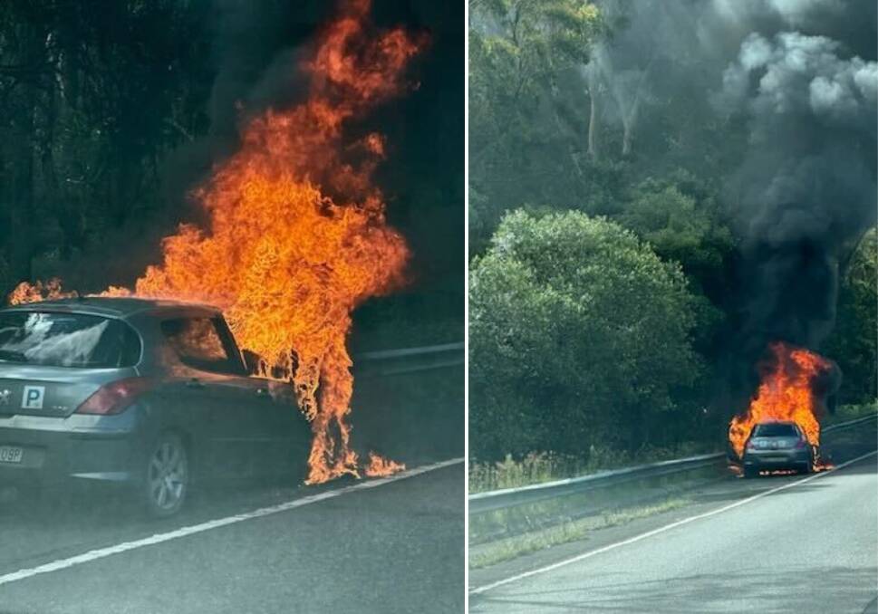 A car is in flames at M1 Princes Motorway on April 10. Pictures by Claude Spinelli.