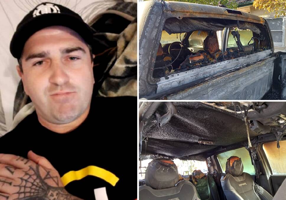 Benjamin Thomas and the damage done to the alleged victim's ute. Pictures from Facebook