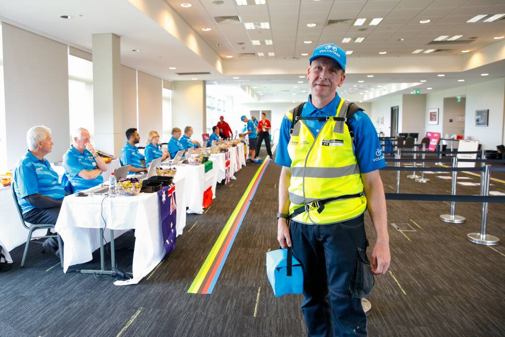 Vincent Schuurhuis, 41, travelled from his home in the Netherlands to volunteer at the UCI Road World Championships in Wollongong, and is loving every minute of it. Picture by Anna Warr.