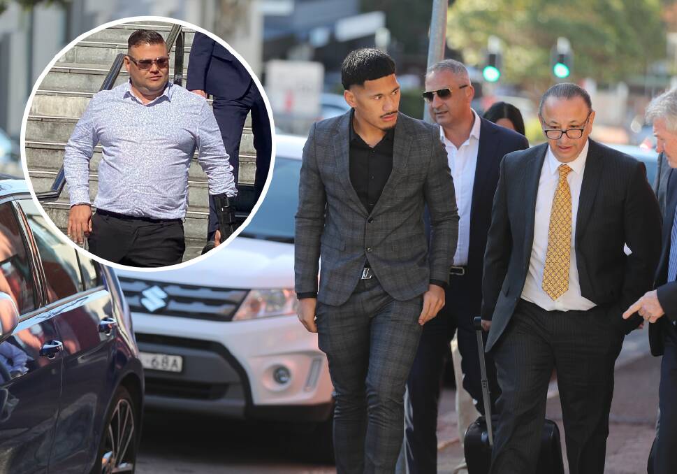 (L to R) Jai King (inset), the alleged victim of Dragons player Junior Amone, who is pictured arriving at Wollongong courthouse on Thursday August 17, alongside manager lawyer. Pictures by ACM