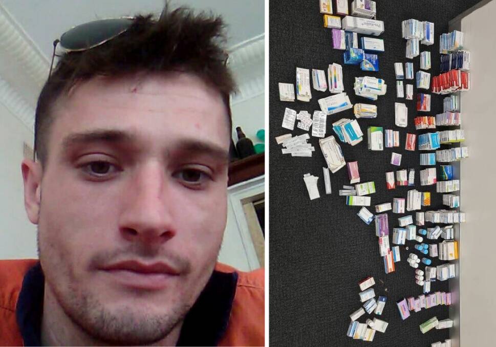 Woonona apprentice plumber Patrick Mulryan (left) with the stolen packets of medications. Pictures from Facebook, NSWPF