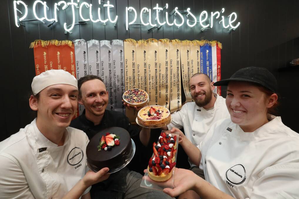 Yum yum: Parfait Patisserie apprentice Damien Wrong, baker Alex Miller, owner Troy Hindmarsh and apprentice Jess Drewell. RE, Parfait Patisserie won a suite of categories at the Wollongong Bakery Show. Picture: Robert Peet.