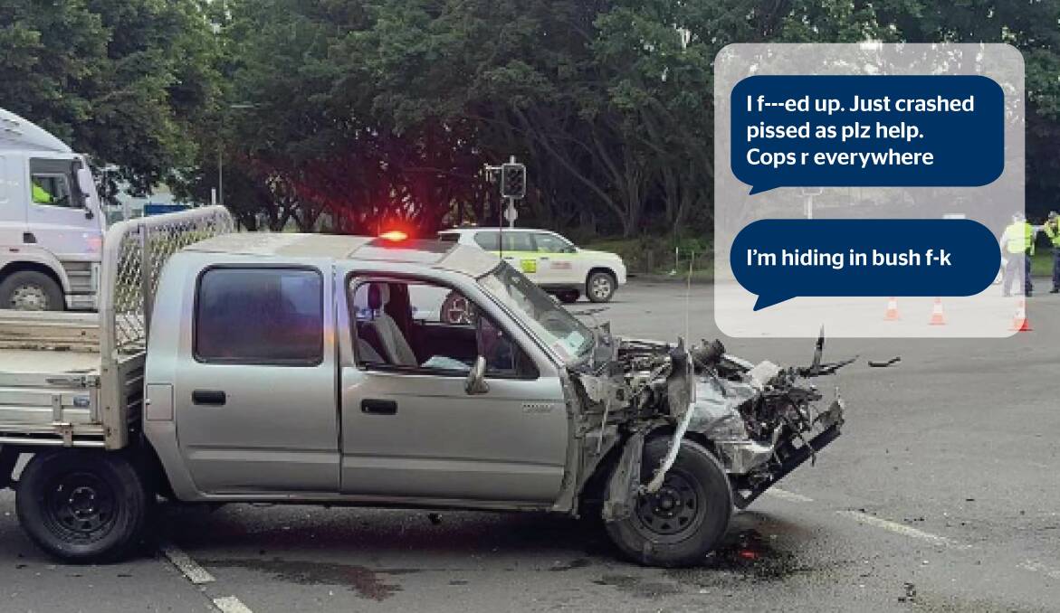 Text messages Brett Forster sent to his brother while he hid in a bush after he crashed into the victim's vehicle (background). Picture from WIN News, ACM designers