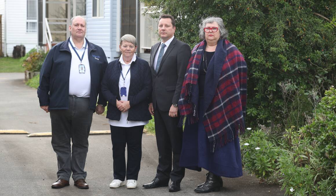 CEO of Affiliated Residential Park Residents Association, Mr Gary Martin, resident and ARPRA rep Julie Funnel, Wollongong MP Paul Scully and Wollongong councillor Ann Martin at the park on Friday. Picture: Rob Peet.