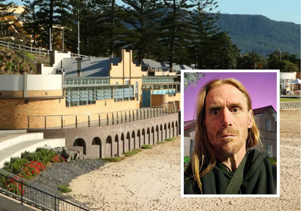 Garth Martin Murray (inset) broke into the North Wollongong Bather's Pavilion (background) twice last December. Pictures from file, Facebook
