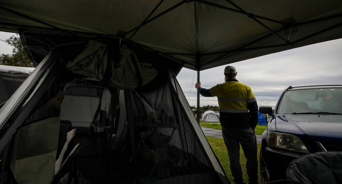 James, 28, is employed and has an impeccable rental history. But he is among the growing number of people in the Illawarra turning to tents to live in amid the region's rental crisis. Picture: Adam McLean.