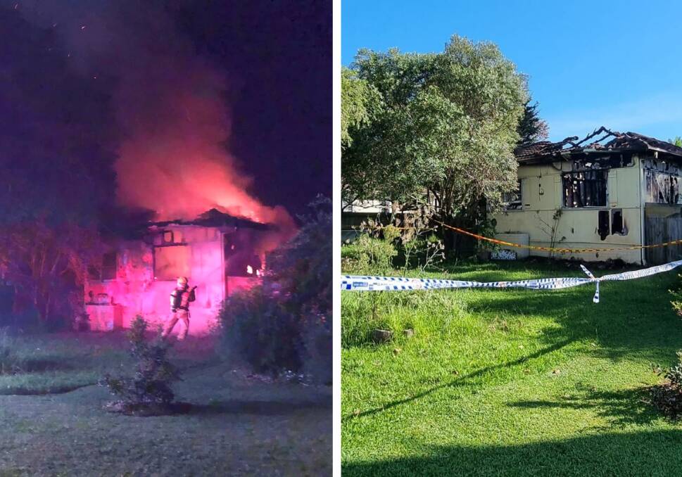 During and after the fire took hold of the Woonona home on Sunday morning. Picture from Woonona/Bulli Community Page (L) and Simon Cohen (R).