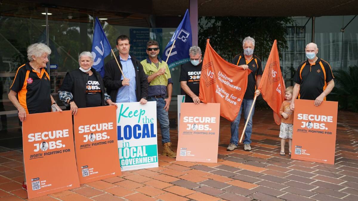 RALLY: United Services Union and Unions Shoalhaven members gathered outside Shoalhaven council chambers on Monday to protest a proposal to outsource cleaning the region's public amenities. Image: supplied. 
