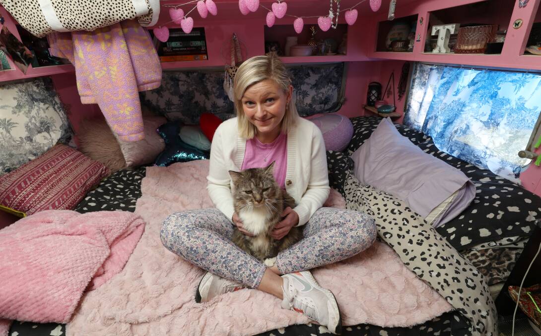 'Pet-friendly': Bulli woman Tahlia Roza lives in a caravan with her cat Dougie and has struggled to secure a rental. Picture: Rob Peet. 