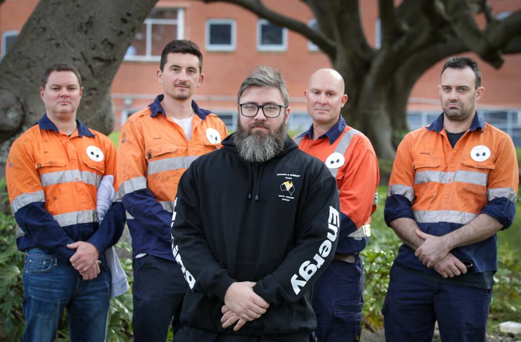 Locked out: Peabody miners Ian Lamb, Scott Burleigh, Ryan Kelly, Geoff Wall and Nathan Vaughan from the Metropolitan coal mine in Helensburgh. The company has locked workers out of the mine for the last six or more weeks while both are undergoing EA negotiations. Picture: Adam McLean.