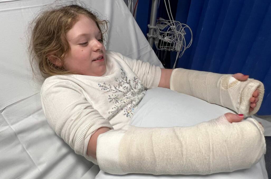 Jemma Tribe's daughter, Tori, at Shoalhaven hospital after she fractured both wrists at Berry's popular nature park two weeks ago. Picture: supplied.