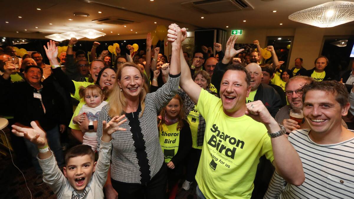 Ms Bird celebrates victory in the 2019 federal election, with state Labor MPs Paul Scully and Ryan Park.