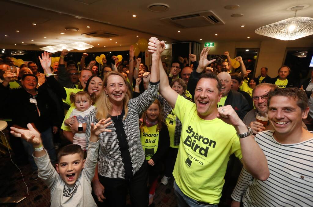 Ms Bird celebrates victory in the 2019 federal election, with state Labor MPs Paul Scully and Ryan Park.