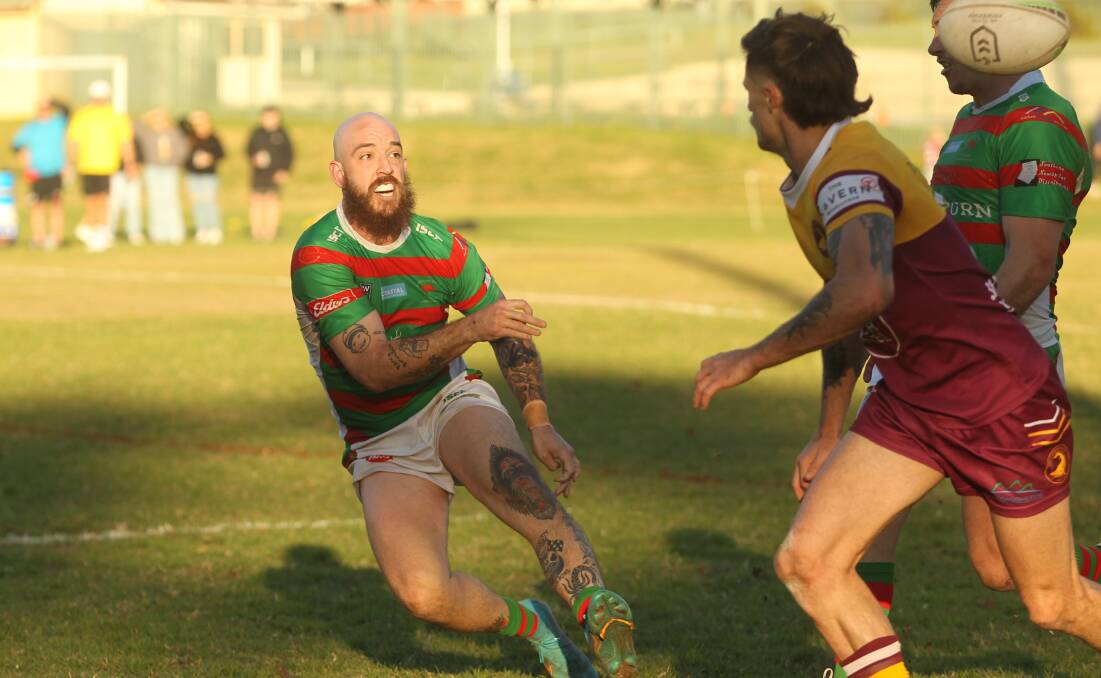 REBOUNDING: Jamberoo fullback and Man of the Match Nathan Gallestegui chimes into the backline and gets his pass away during Saturday's thriller at Jamberoo. Picture: Kiara Foye