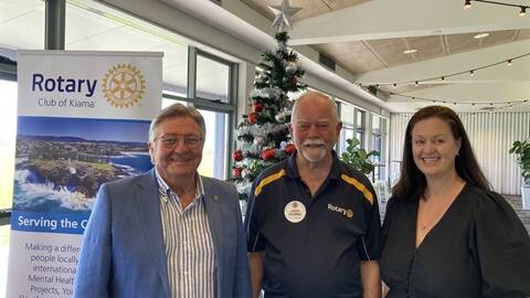 Kiama Mayor Neil Reilly at the launch of The Pavilion Kiama Giving Tree with Kiama Rotary's John Clarke and The Pavilion manager Jackie Hall. Picture: Kiama Council 