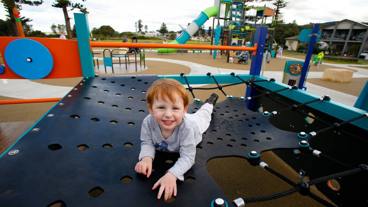 Child's play: A playground at Bulli Beach Reserve has been given a makeover by Wollongong Council. Two-year old Billy Oldfield couldn't wait to try the new play equipment today. Picture: Anna Warr