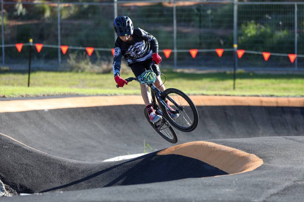 Bike rider Isaac Baez at the at the official opening of the Cringila pump track. Photo: Adam McLean