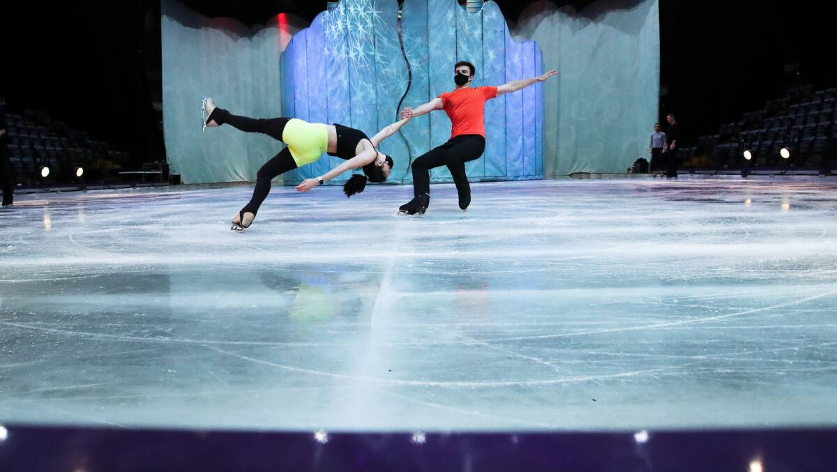 Jacob Marsh and Taylor Steele during rehearsals of the Disney on Ice show at the Wollongong Entertainment Centre. Photo: Adam McLean