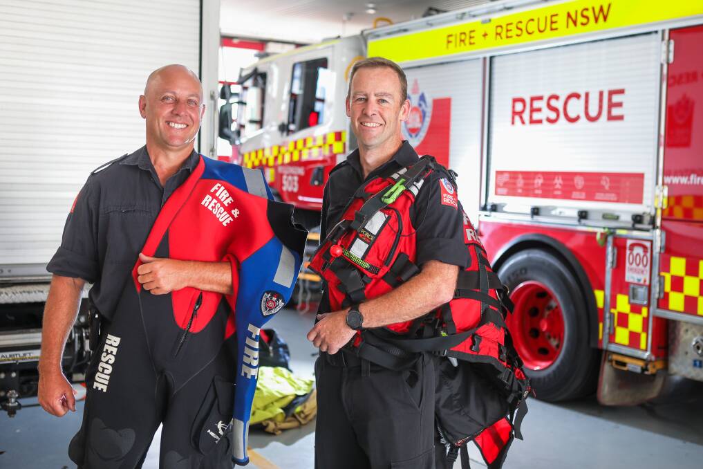 Firefighter Stuart James and Leading fire fighter Matthew Gregory of Wollongong fire station who have been deployed to flood affected areas. Photo by Adam McLean