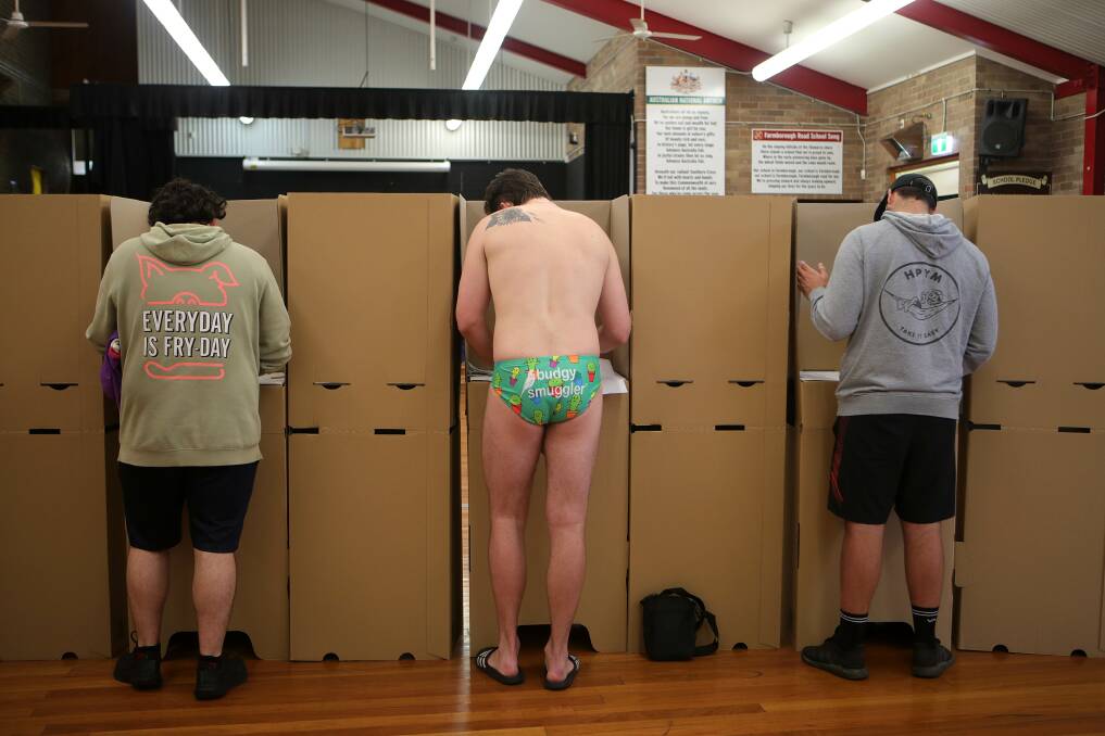 Nicholas Bagaric donned not much to cast his vote. Picture: Sylvia Liber