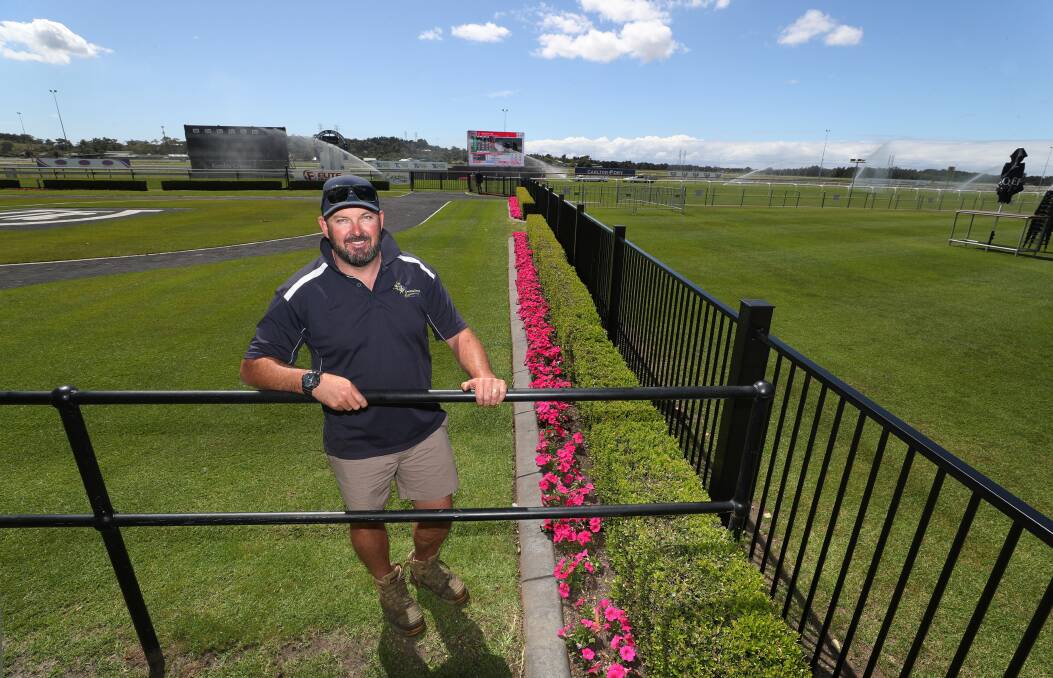 Assistant track curator Darryn Blinksell at Kembla Grange Racecourse, all set for The Gong race day on Saturday. Picture: Robert Peet