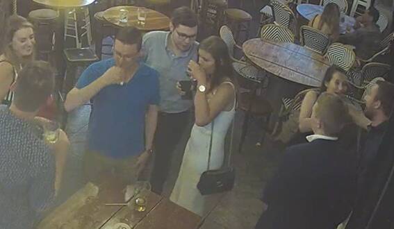 CCTV showing Bruce Lehrmann and Brittany Higgins drinking in a group at The Dock on March 22, 2019. Picture supplied