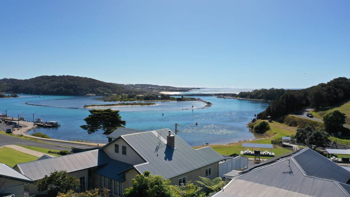 Drone shot of the view from the second floor of the proposed apartments at 3 Noorooma Crescent, Narooma. They look over Bar Beach and beyond. Image courtesy of Kasparek Architects