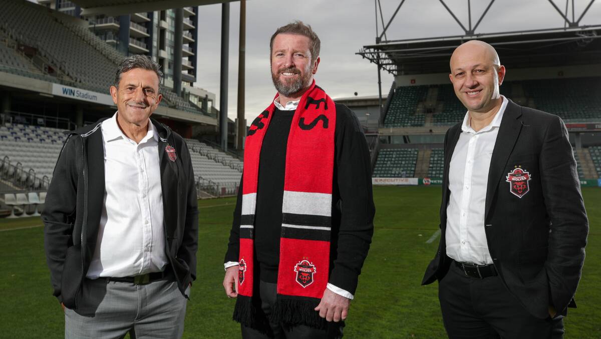 Wolves chairman Tory Lavalle (left), head coach David Carney and CEO Strebre Delovski are on a mission to reach the second division. Picture by Adam McLean