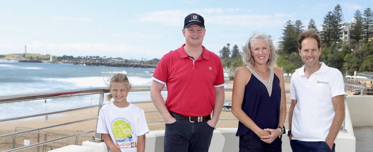 The 2023 Wollongong Aquathon will be back and bigger than ever as Frankie Battocchio (left), Jarrod Poort, Trudi Barnes and Rob Battocchio headline the launch at North Wollongong. Picture by Sylvia Liber