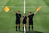 Micah Leimbach (left), Olivia Volpato and Joshua Edwards donning their brand new yellow armbands to support Football South Coast's brand new initiative towards referee respect. Picture by Adam McLean