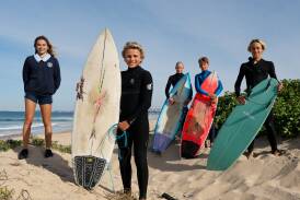 Surfers Alice Hodgson, Ashton Mekisic, Jesse Fitzgibbon, Cruz Air and Ethan Rule from Illawarra Sports High excelled at the recent Australian Interschool Surfing Championships. Picture by Anna Warr