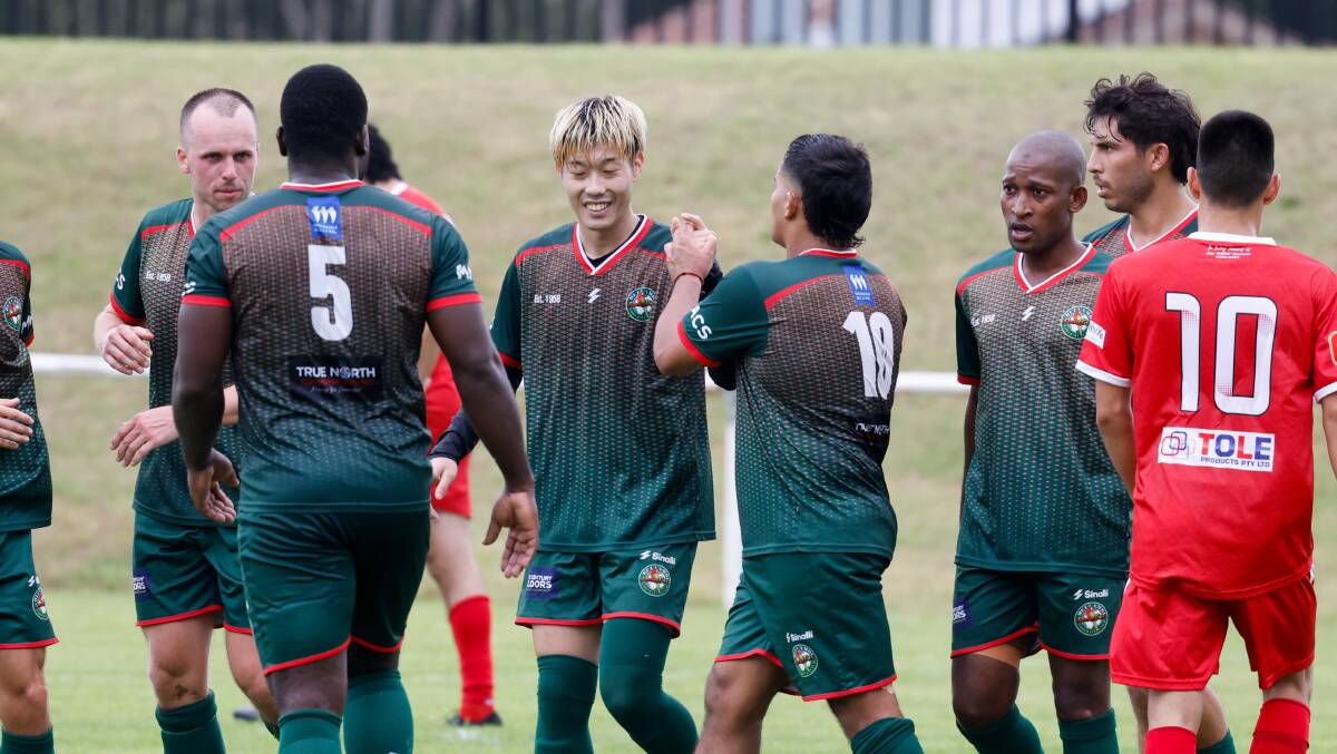 Bellambi players celebrate an opening round win against Warilla. Picture by Anna Warr
