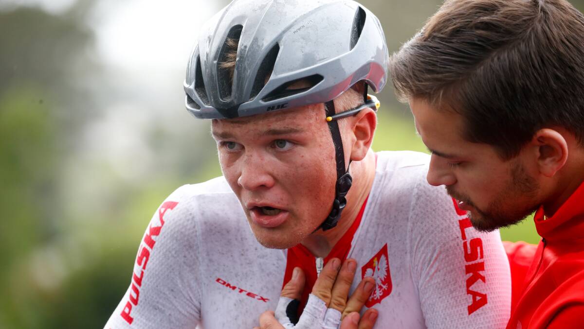Michal Zelazowski was treated on the scene following chest pains during the junior race. Picture by Anna Warr