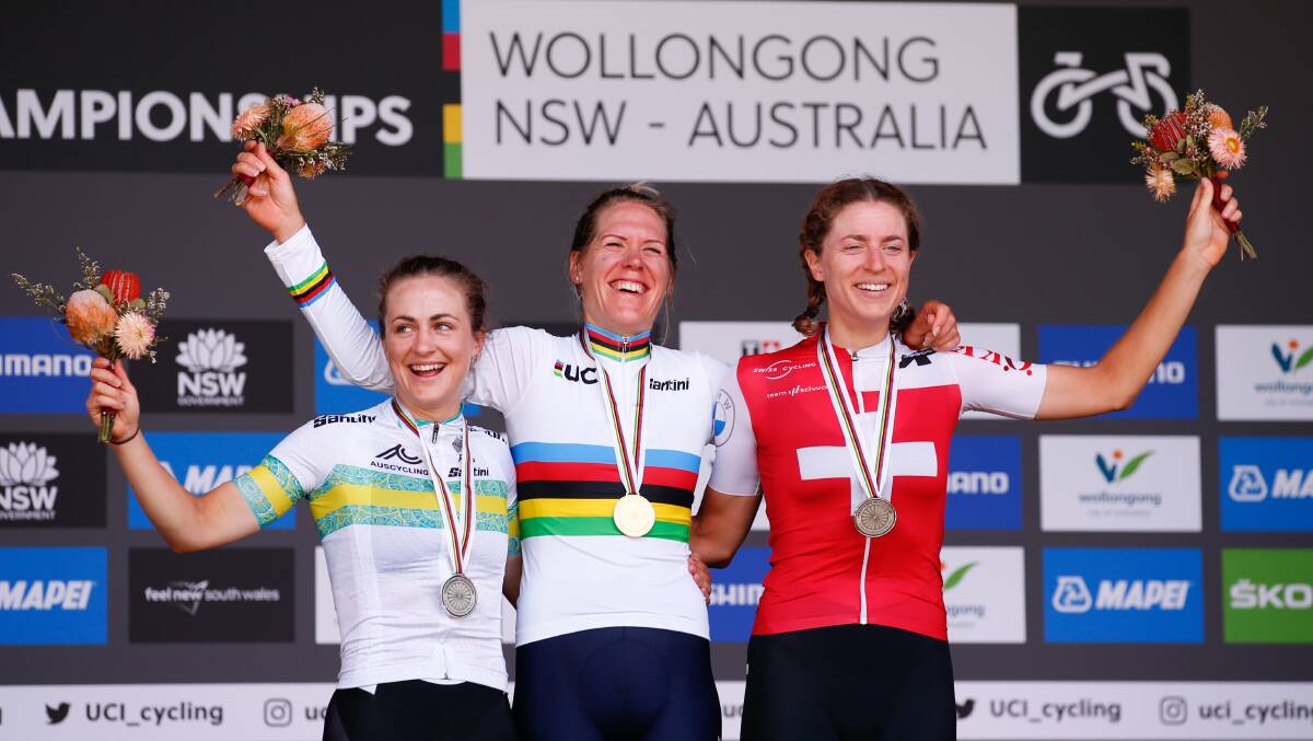 The podium places, first Ellen Van Dijk, second Australian Grace Brown and third Swiss Marlen Reusser. Picture by Anna Warr