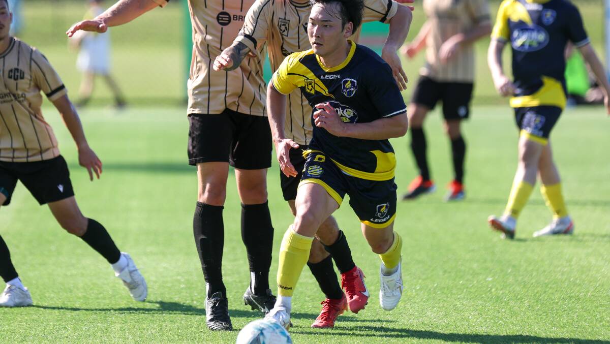 Genki Iwata scored the opening goal in the South Coast Flame's 2-2 draw with Central Coast United at Ian McLennan Park. Picture by Adam McLean