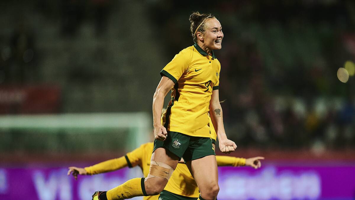 Shellharbour's Foord celebrates during the Matildas recent friendly win over Denmark where she scored a brace. Picture - Getty