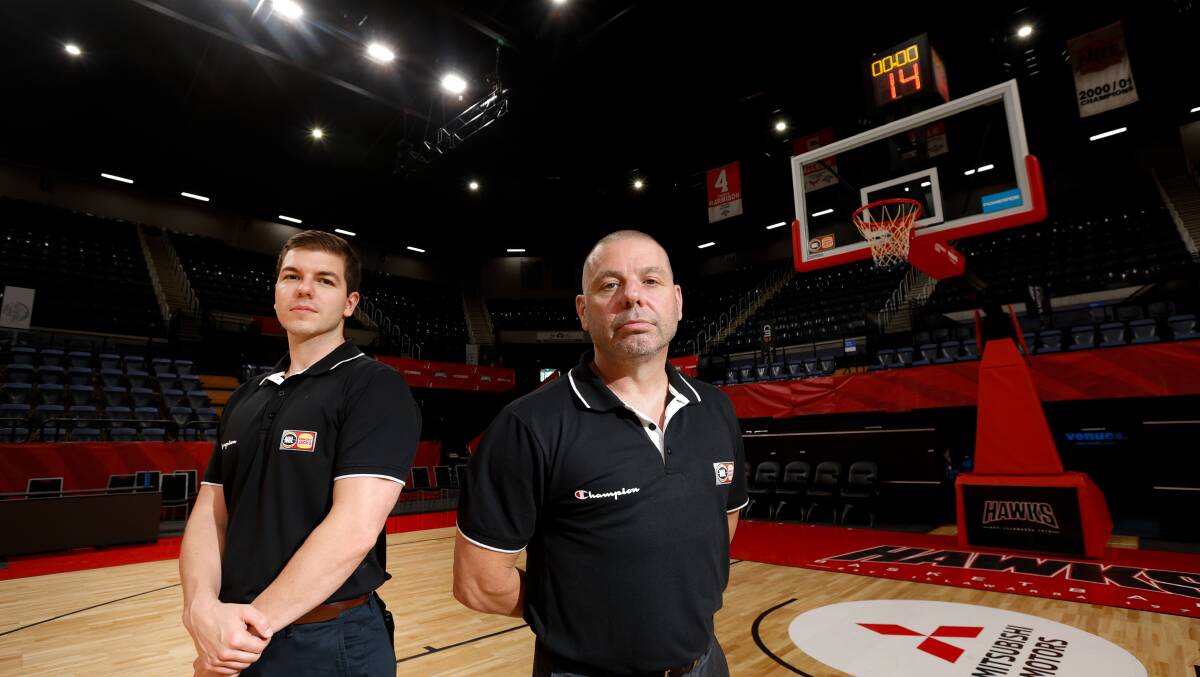 NBL referees James Griguol (left) and Michael Aylen following the respecting referees initiative announcement. Picture by Anna Warr