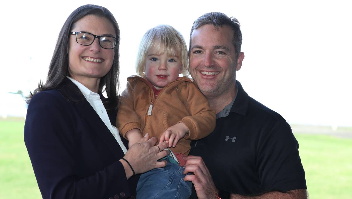Kiama Labor candidate Katelin McInerney with son William and partner Brian Fearnley at The Pavilion In Kiama. Picture: Robert Peet