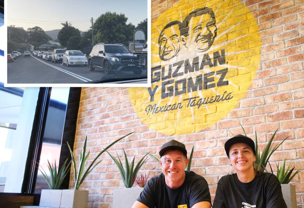 Main picture of Franchisee Paul O'Neill and restaurant manager Gabi Antelmi at Guzman y Gomez Wollongong by Anna Warr. Inner picture of cars lining up to try the newly opened drive thru.