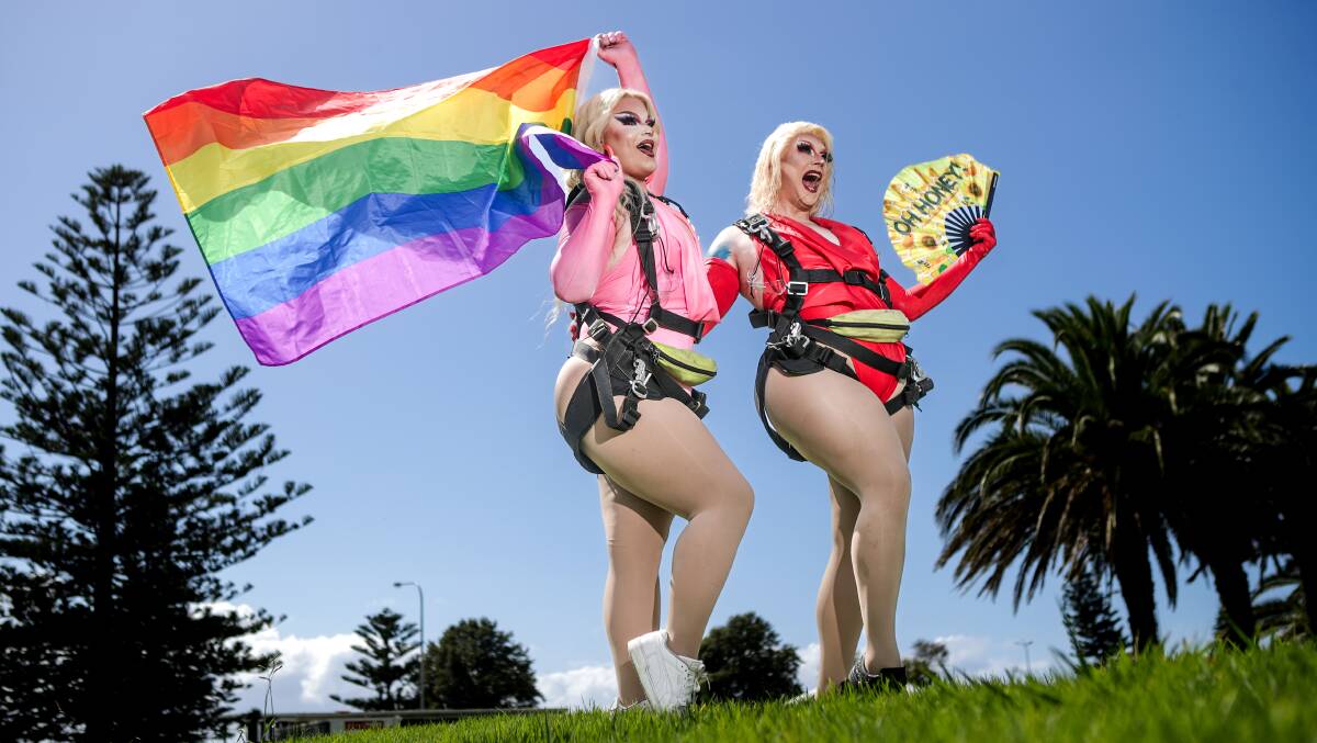 Drag queens Ellawarra and Roxee Horror participated in Skydive Australia's first-ever pride dive. Picture by Adam McLean