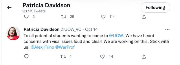 UOW vice-chancellor Patricia Davidson's tweet on October 14, 2022.