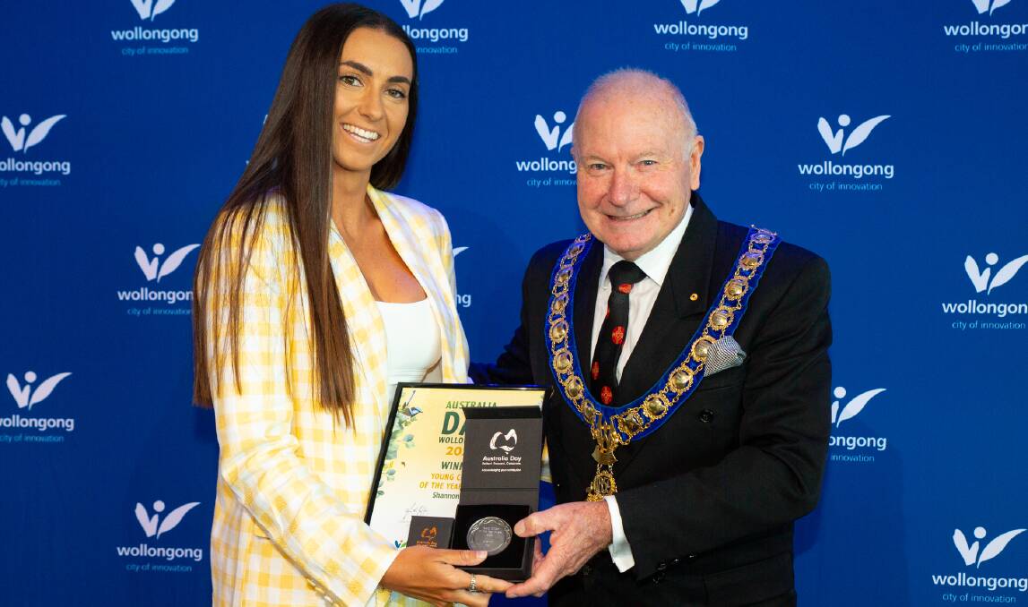 Shannon Fox receiving Young Citizen of the Year award from Lord Mayor Gordon Bradbery AM. Supplied picture