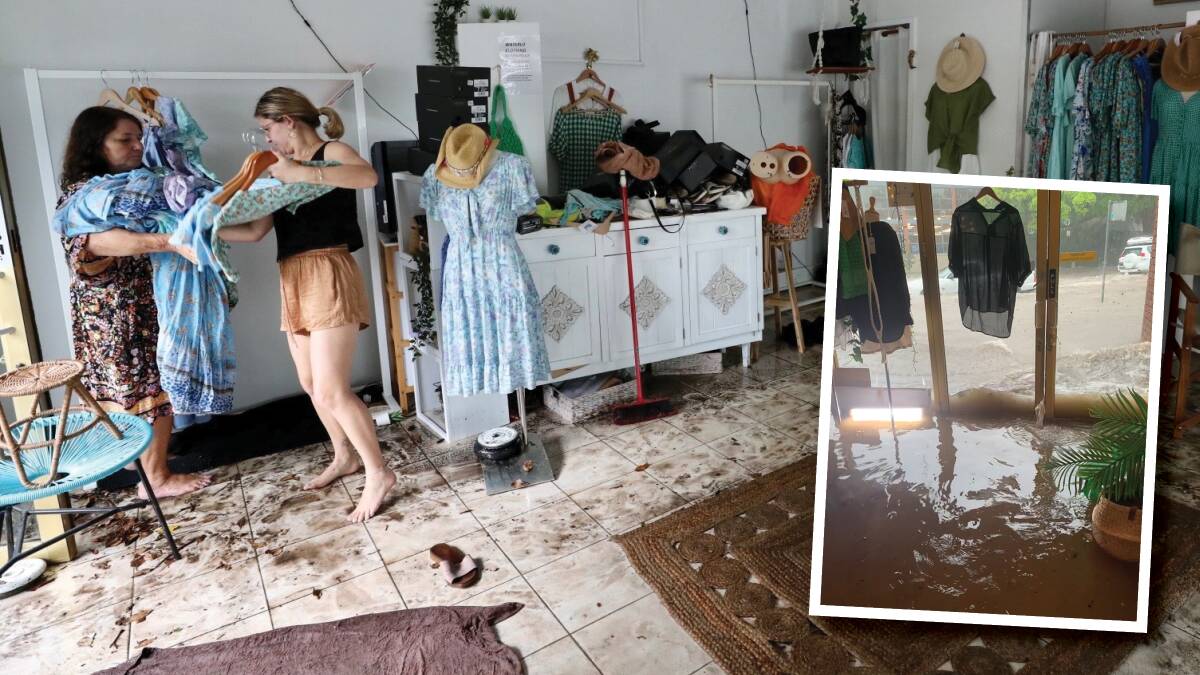 Kathy Meades and Lulu Meades clean up their store Waterluclothing after the devastating storm. Main picture by Adam McLean, smaller picture supplied.