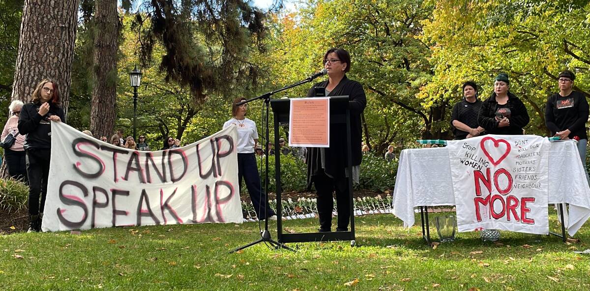 Centre for Non-Violence chief executive Margaret Augerinos speaking at a rally against violence in Bendigo last month. Picture by Jonathon Magrath