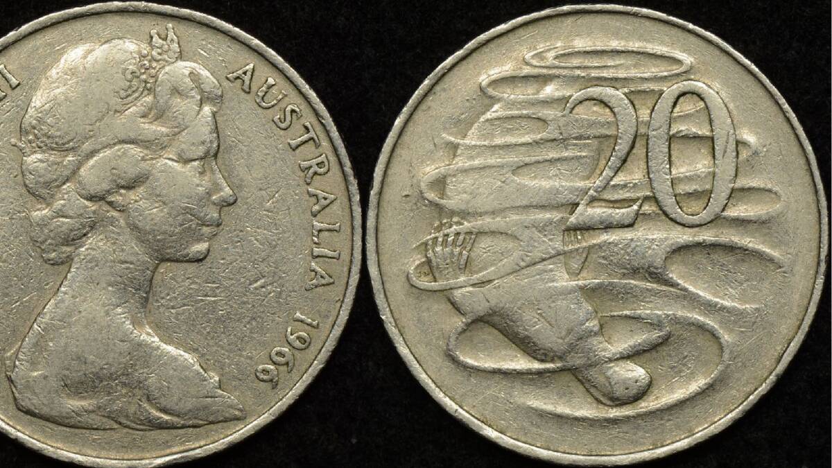 1966 20 cent coin minted with a curved or "wavy" baseline on the 2. Picture The Purple Penny