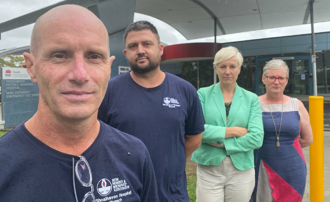 Shoalhaven Hospital NSW Nurses and Midwives Association representative Michael Clarke and Max Moore with Greens MP Cate Faehrmann and South Coast candidate Amanda Findley outside Shoalhaven Hospital. Picture by Glenn Ellard.