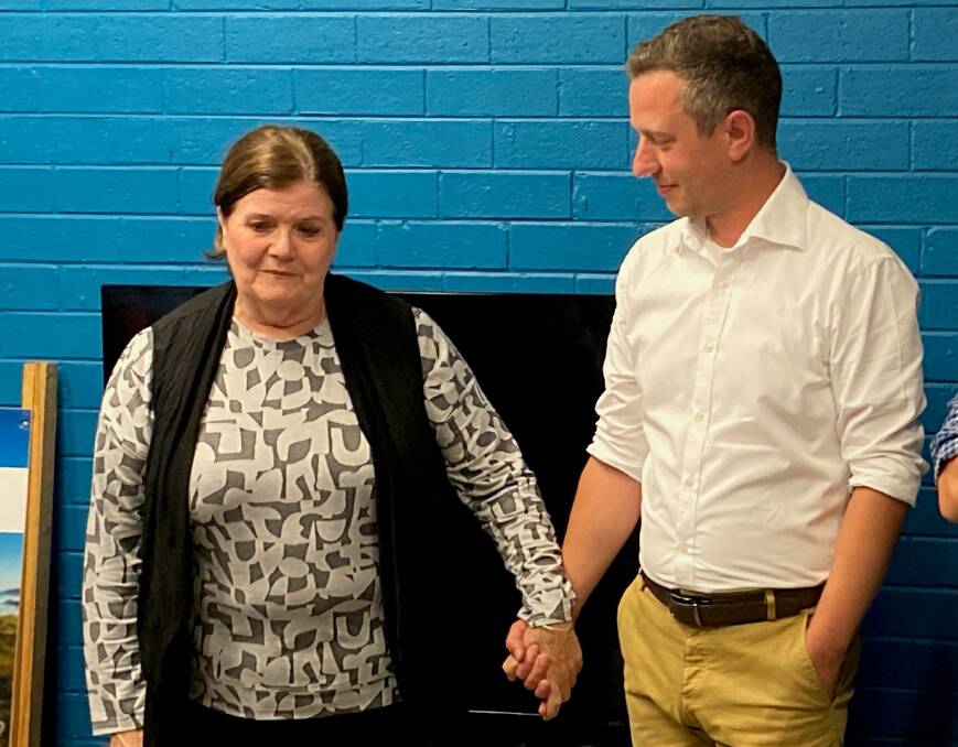 Liberal candidate Luke Sikora is joined by retiring South Coast MP Shelley Hancock as he concedes defeat in Nowra on Saturday night. Picture by Glenn Ellard.